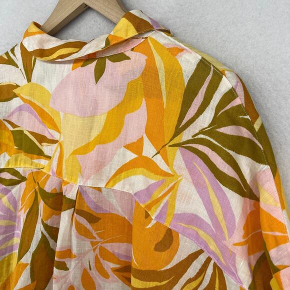 C&C CALIFORNIA Top M 100% Linen Tropical Leaf Camp Shirt Button Front Yellow - Picture 8 of 13